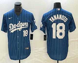 Mens Los Angeles Dodgers #18 Yoshinobu Yamamoto Number Blue Pinstripe Cool Base Stitched Baseball Jersey->los angeles dodgers->MLB Jersey